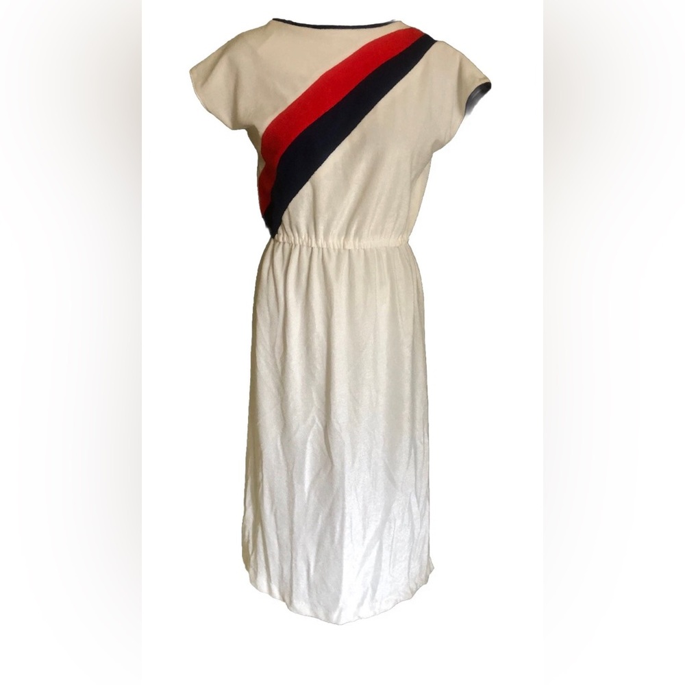 Vintage 70s Shimmer Terrycloth  Red & Navy Stripe Threes Company Janet Dress